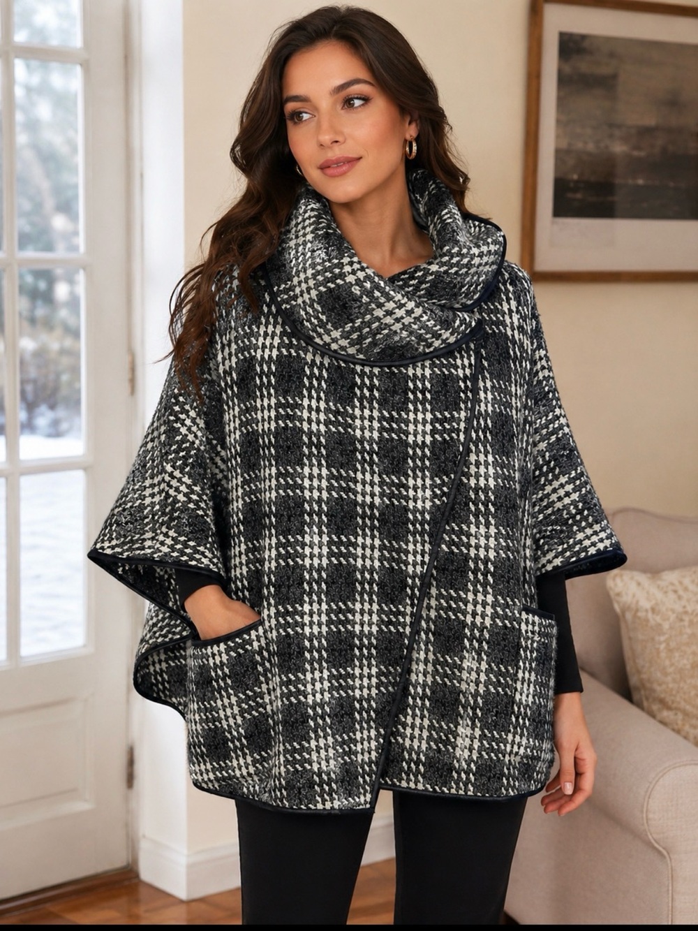 Papillon Blanc grey & White Plaid Cowl-Neck Poncho XL
